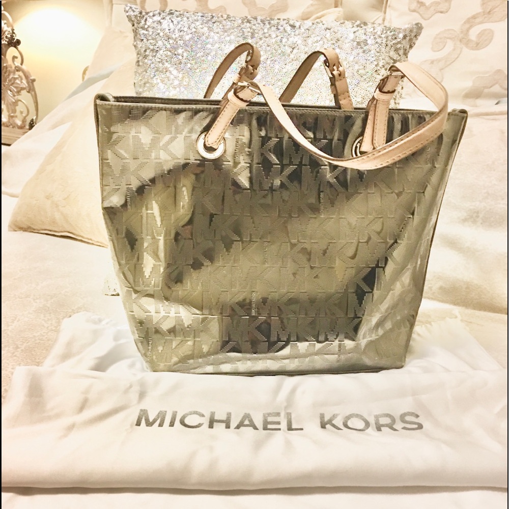 Michael Kors Monogram Mirror Metallic Silver Tote